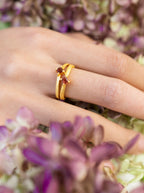 Garnet and Gold Split Shank Ring — Select Your Size