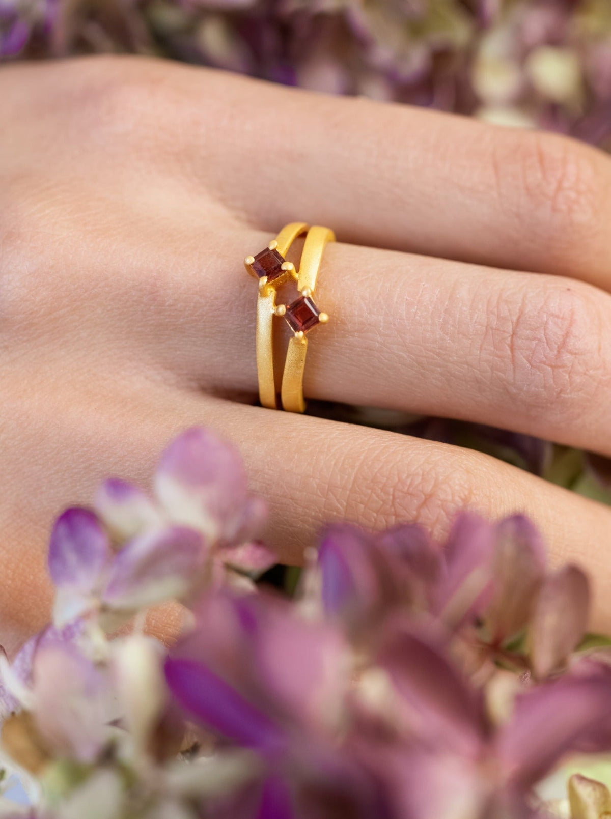 Garnet and Gold Split Shank Ring — Select Your Size