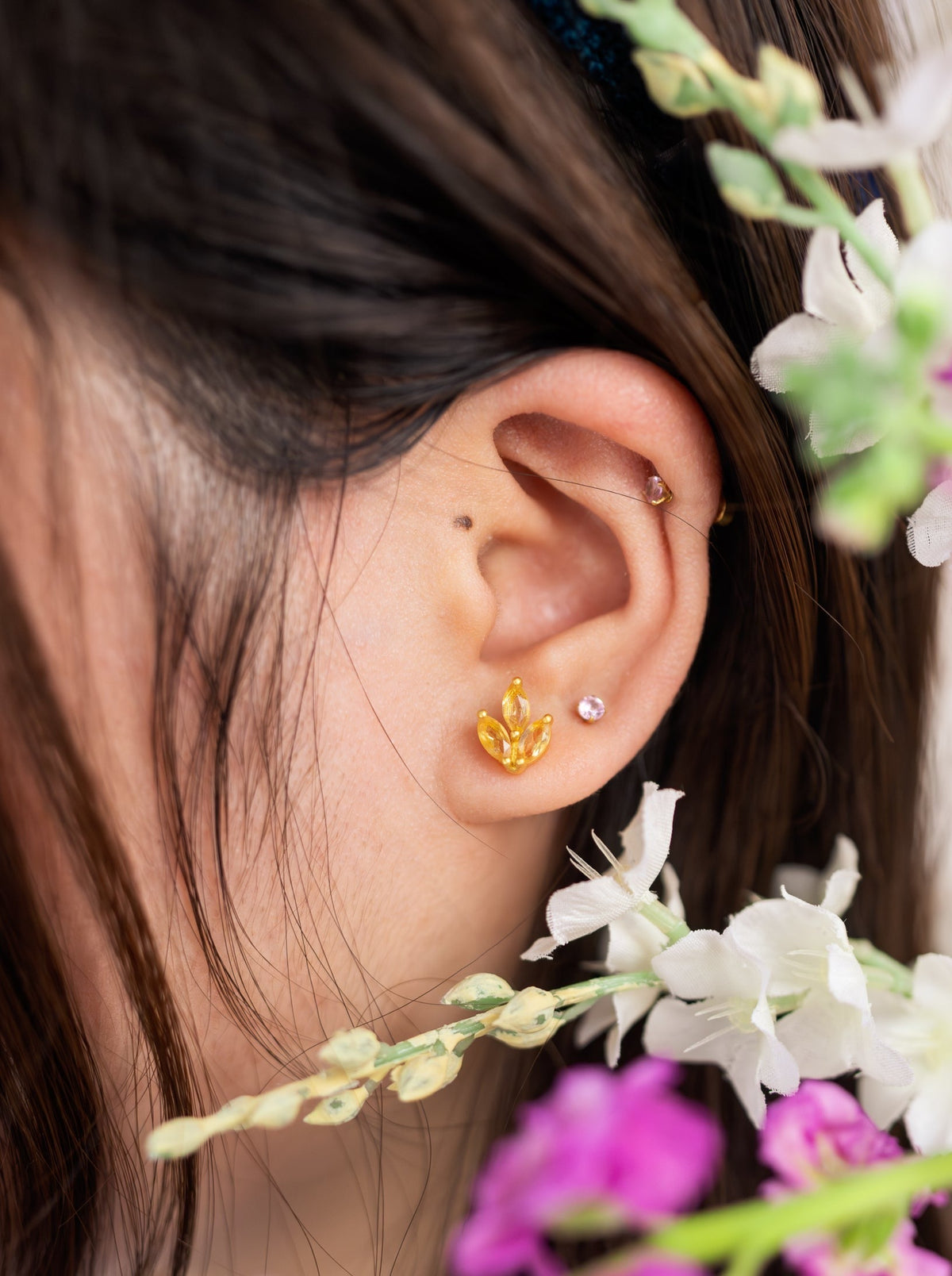 Tri Leaf Stud Earrings — Select Your Gemstone