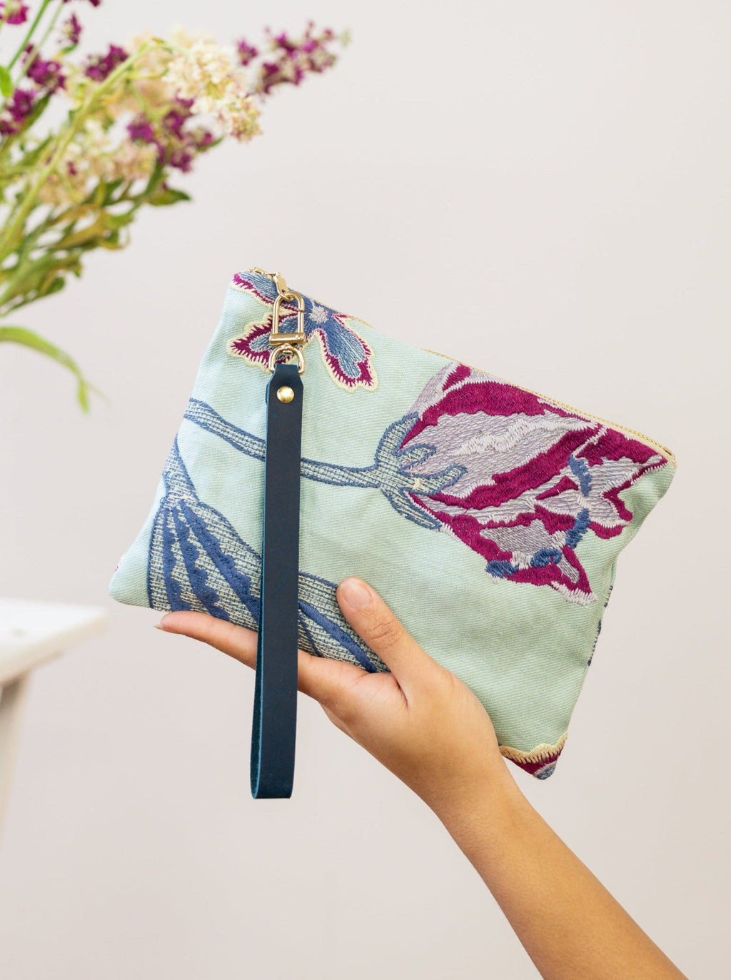 Enchanting Azure Embroidered Wristlet