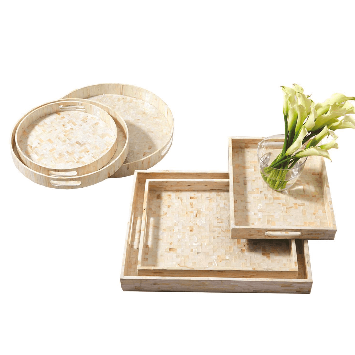 Handlaid Mother Of Pearl Cream Herringbone Tray — Select Your Shape & Size