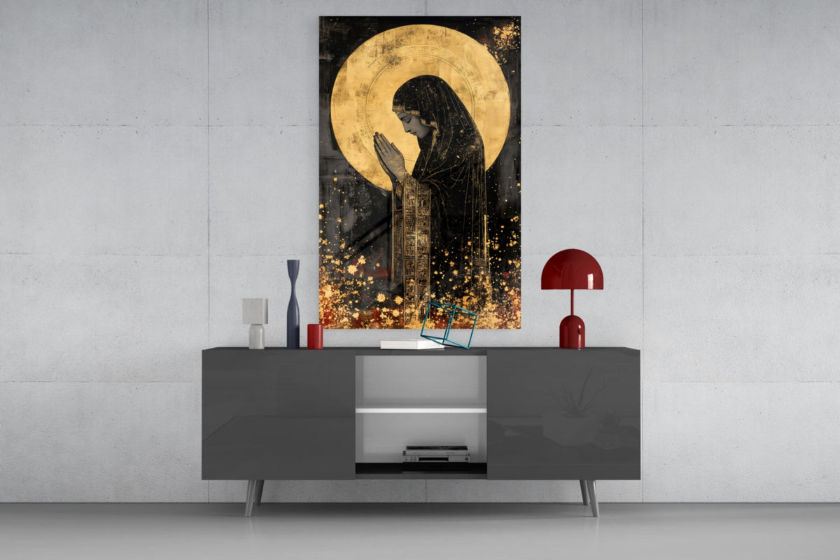 Golden Prayers of Mary Glass Wall Art || Designer Collection