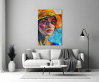Woman in Orange Hat Glass Wall Art || Designer Collection