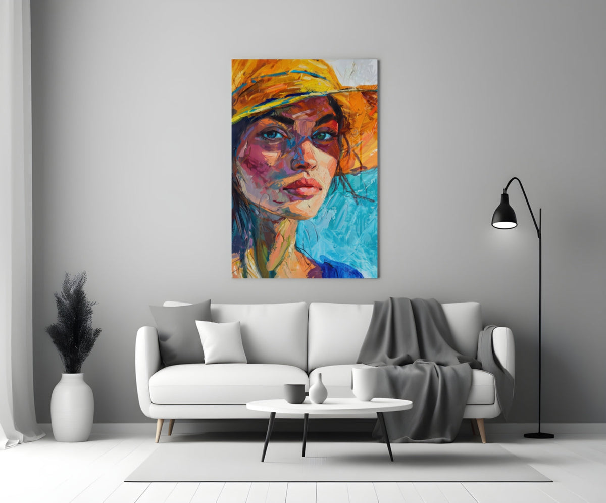 Woman in Orange Hat Glass Wall Art || Designer Collection