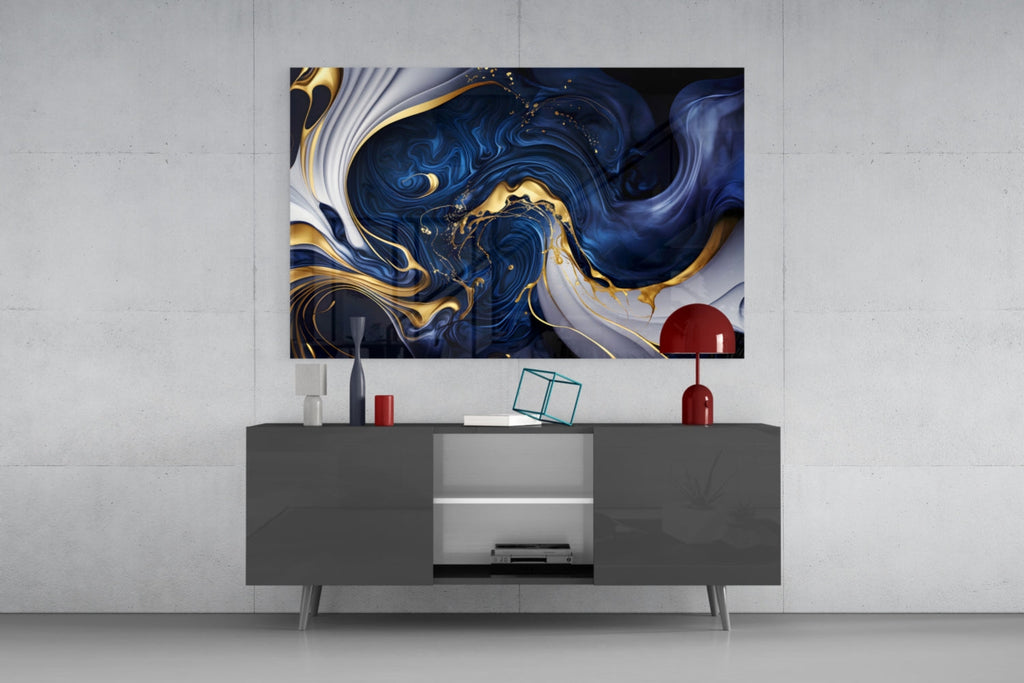 Elegant Gold Swirls on Midnight Blue Glass Wall Art