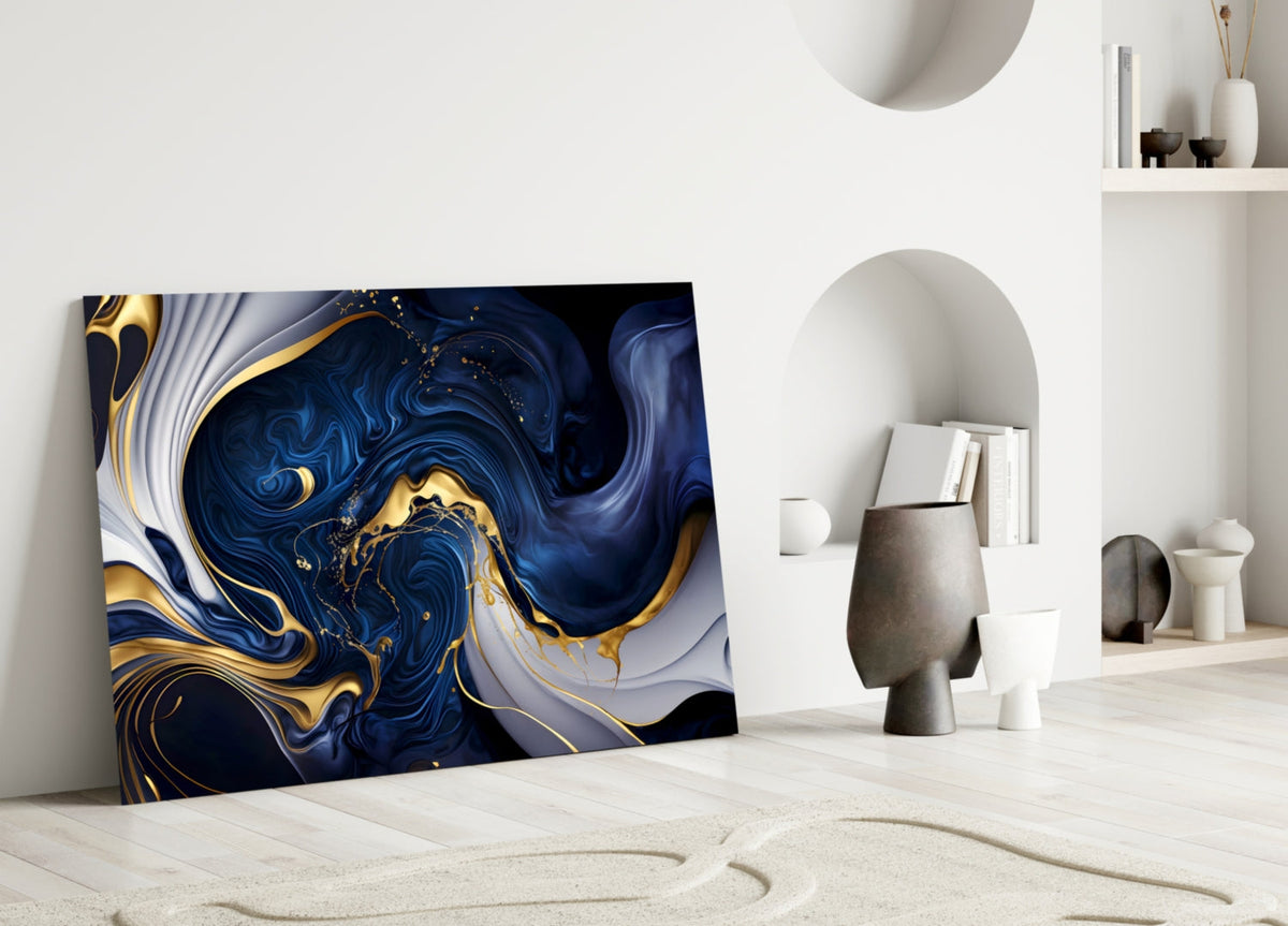 Elegant Gold Swirls on Midnight Blue Glass Wall Art