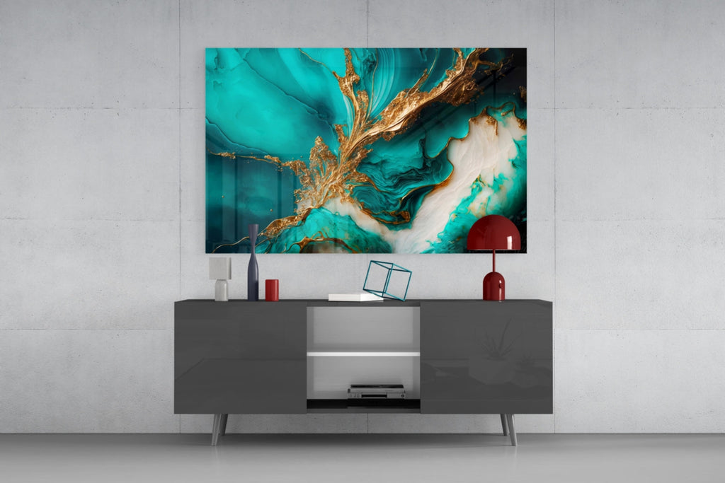 Ethereal Turquoise Gold Splash Glass Wall Art