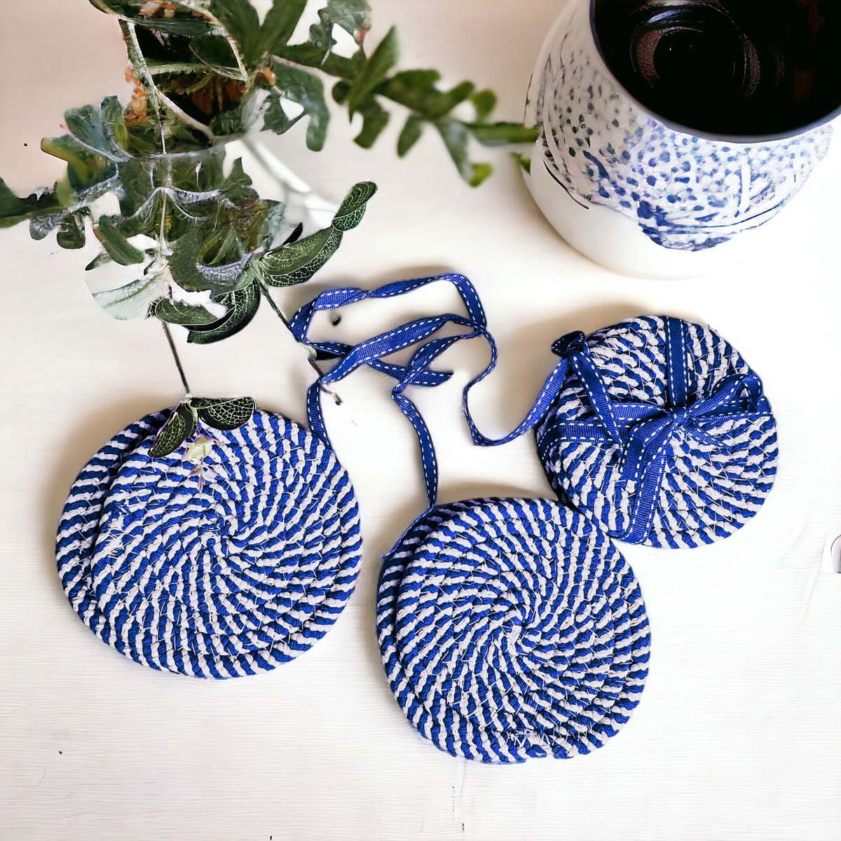 Blue & White Braided Rope Coasters (Set of 4)