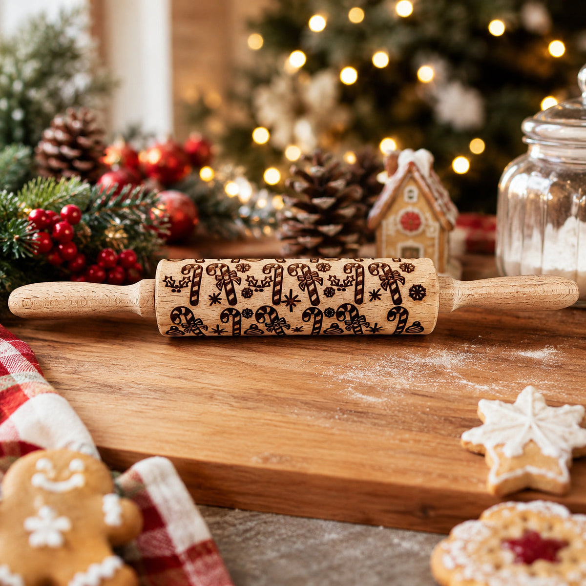 Handmade Wooden Embossed Christmas Rolling Pin Set — Select Your Style & Size