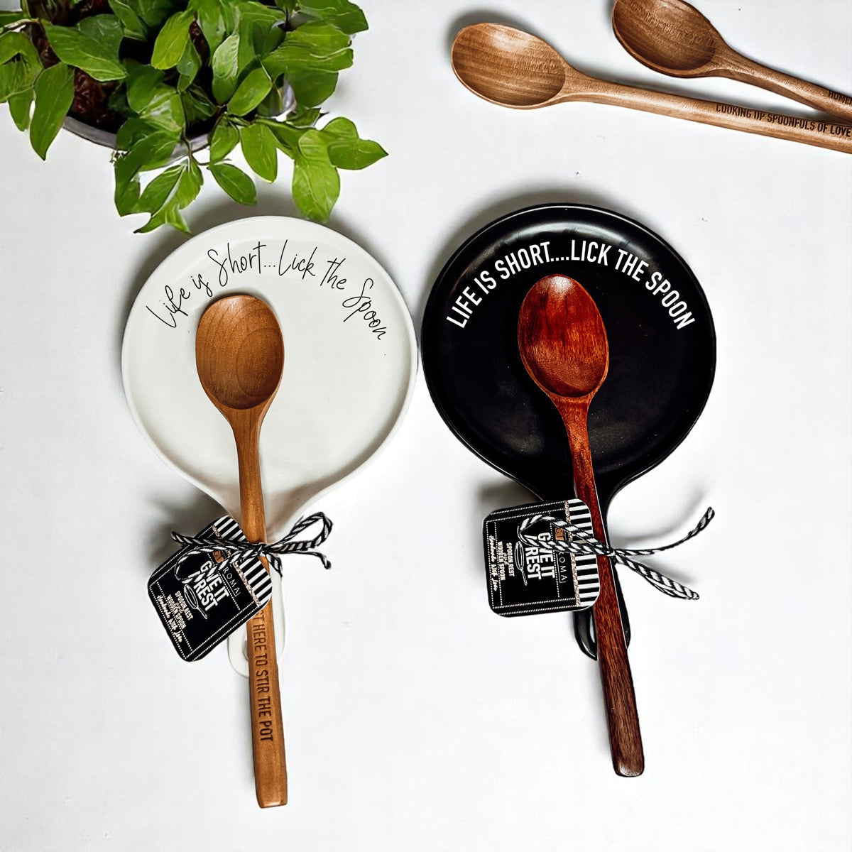 Bold "Life is Short...Lick the Spoon" Spoon Rest & Wooden Spoon — Select Your Color & Spoon