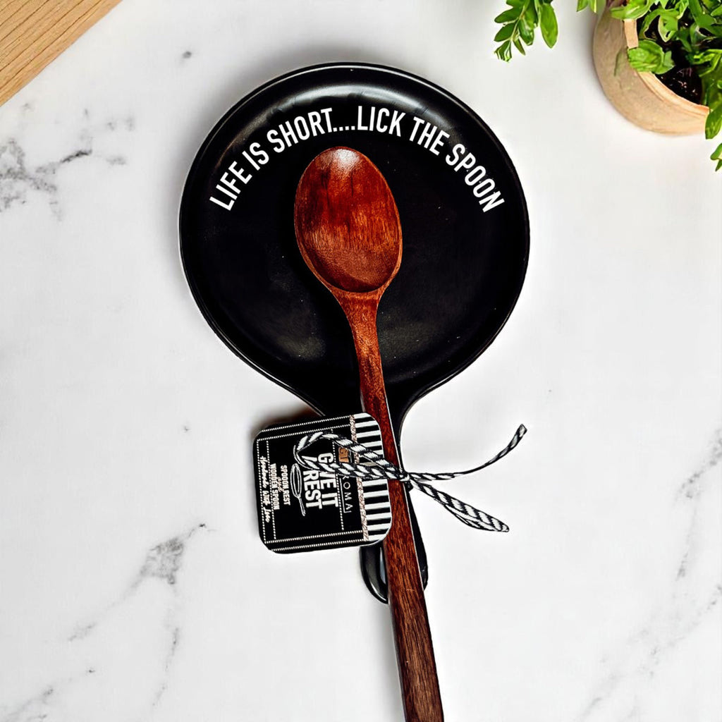 Bold "Life is Short...Lick the Spoon" Spoon Rest & Wooden Spoon — Select Your Color & Spoon