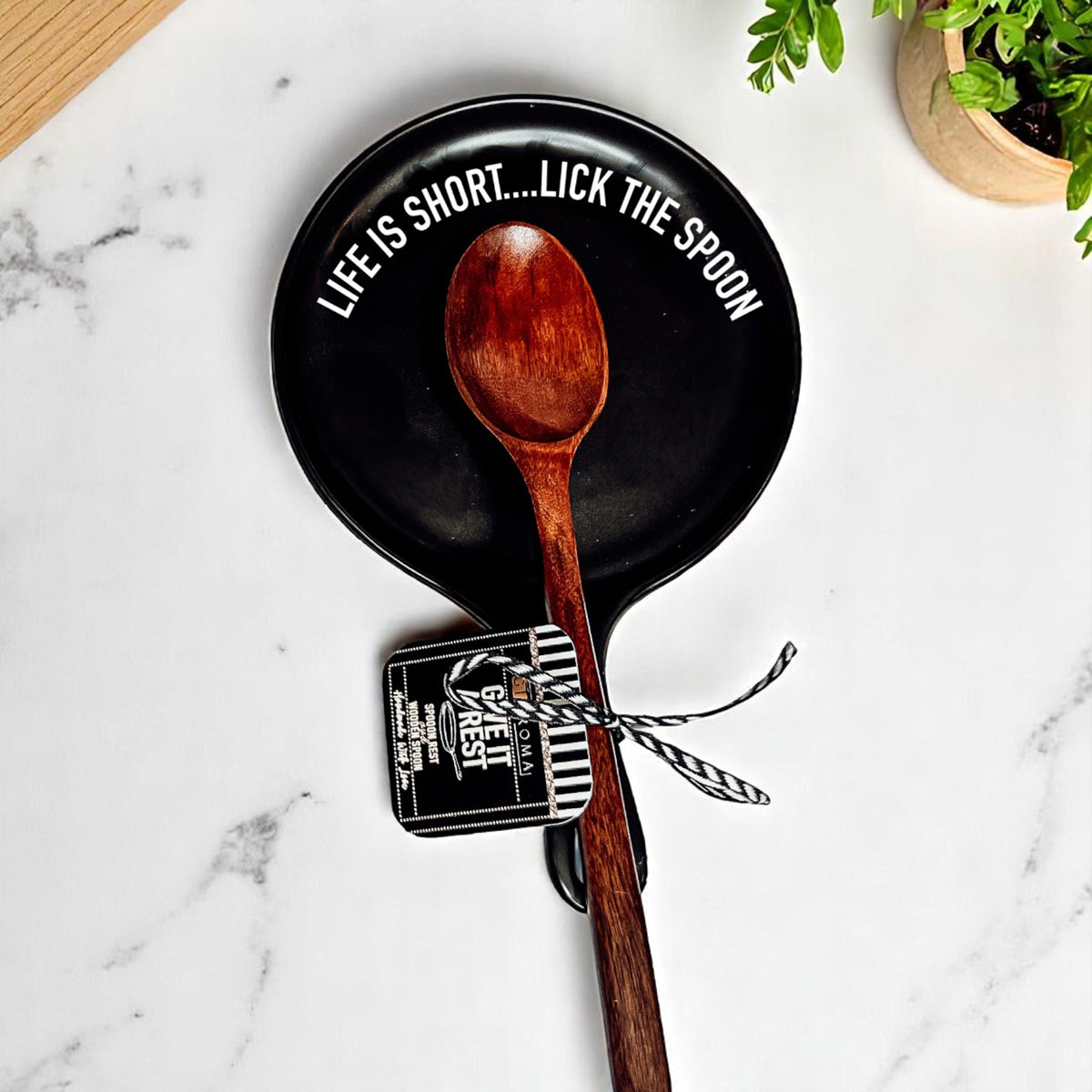 Bold "Life is Short...Lick the Spoon" Spoon Rest & Wooden Spoon — Select Your Color & Spoon