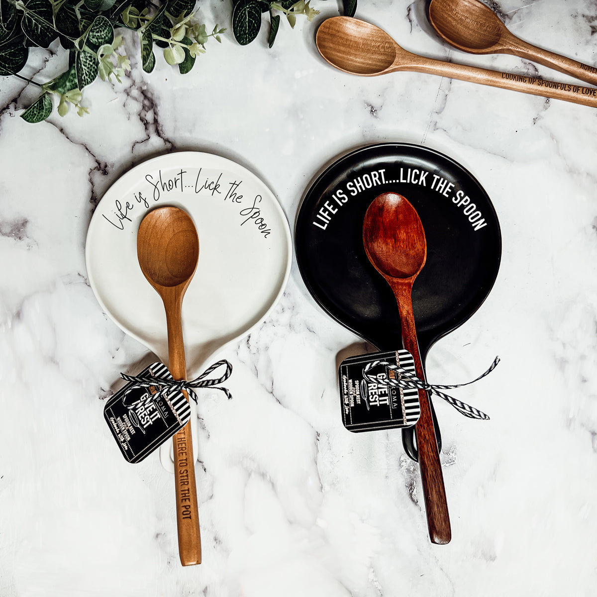 Bold "Life is Short...Lick the Spoon" Spoon Rest & Wooden Spoon — Select Your Color & Spoon