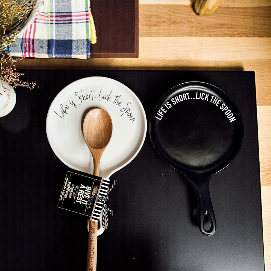 Bold "Life is Short...Lick the Spoon" Spoon Rest & Wooden Spoon — Select Your Color & Spoon