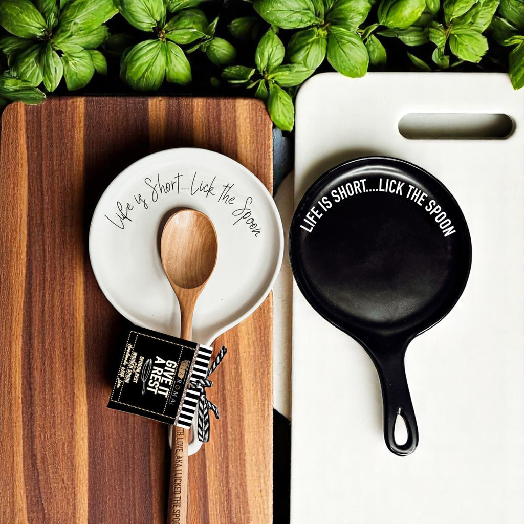 Bold "Life is Short...Lick the Spoon" Spoon Rest & Wooden Spoon — Select Your Color & Spoon