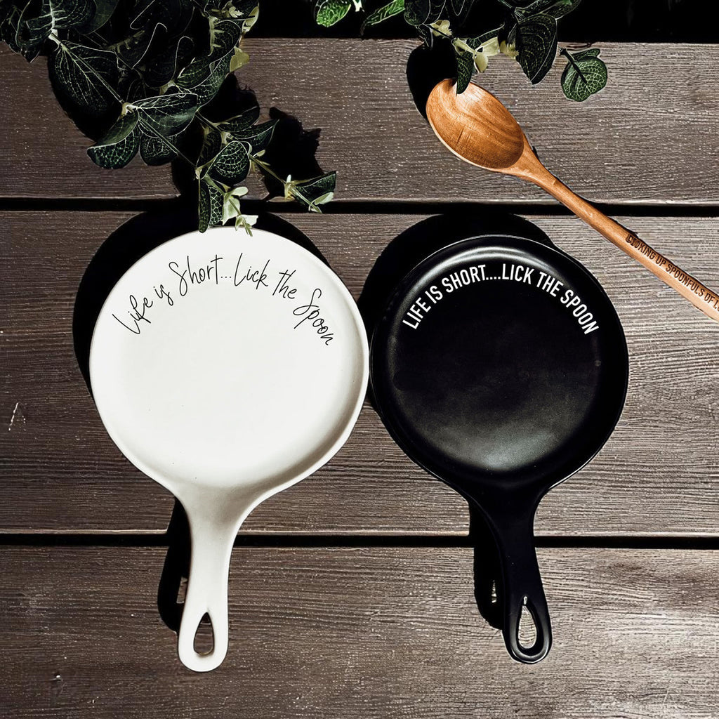 Bold "Life is Short...Lick the Spoon" Spoon Rest & Wooden Spoon — Select Your Color & Spoon