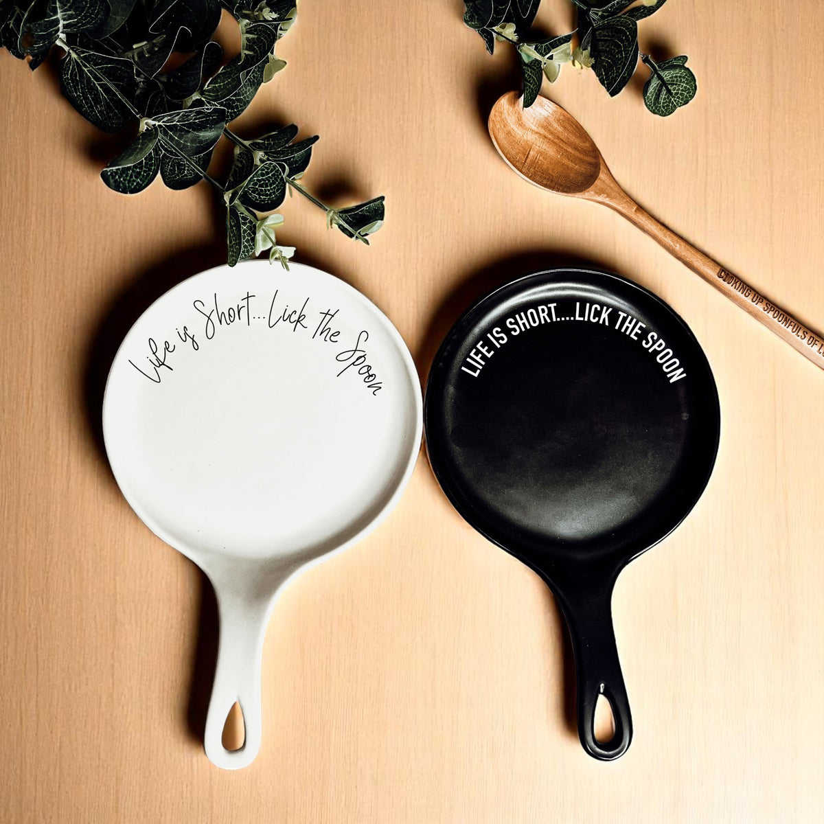 Bold "Life is Short...Lick the Spoon" Spoon Rest & Wooden Spoon — Select Your Color & Spoon