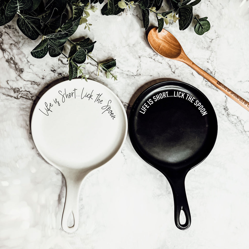 Bold "Life is Short...Lick the Spoon" Spoon Rest & Wooden Spoon — Select Your Color & Spoon