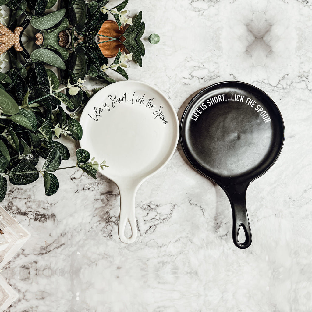 Bold "Life is Short...Lick the Spoon" Spoon Rest & Wooden Spoon — Select Your Color & Spoon