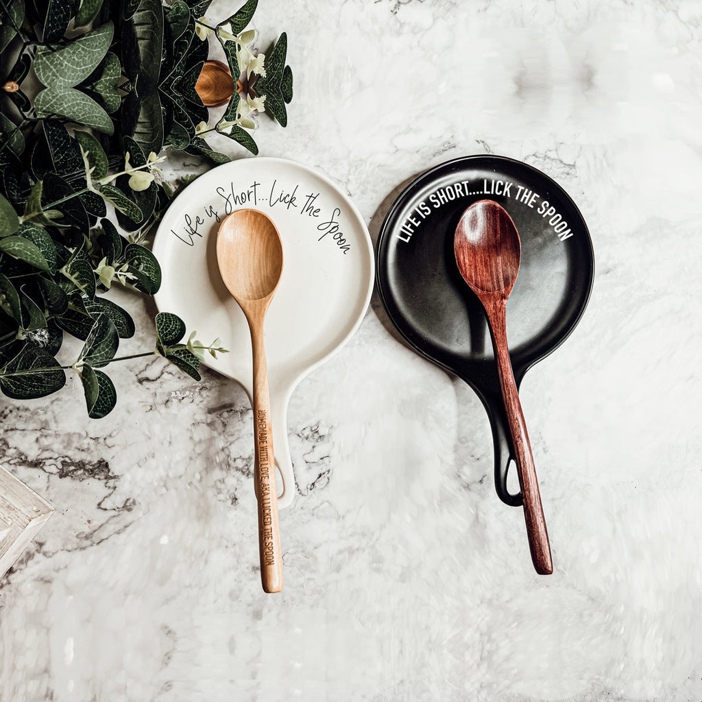 Bold "Life is Short...Lick the Spoon" Spoon Rest & Wooden Spoon — Select Your Color & Spoon