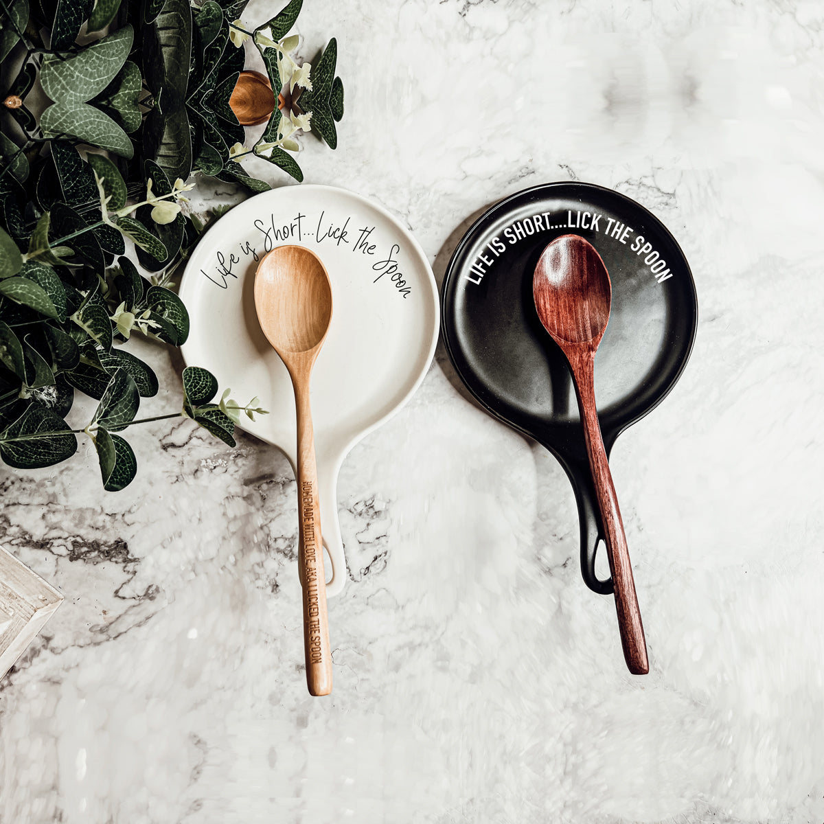 Bold "Life is Short...Lick the Spoon" Spoon Rest & Wooden Spoon — Select Your Color & Spoon