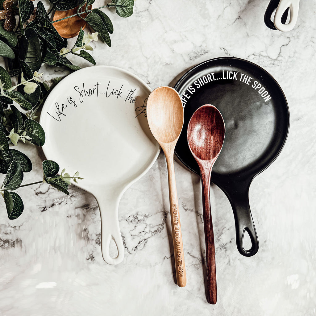 Bold "Life is Short...Lick the Spoon" Spoon Rest & Wooden Spoon — Select Your Color & Spoon
