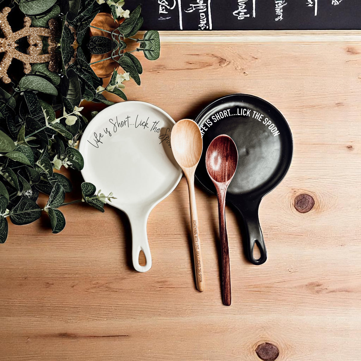 Bold "Life is Short...Lick the Spoon" Spoon Rest & Wooden Spoon — Select Your Color & Spoon