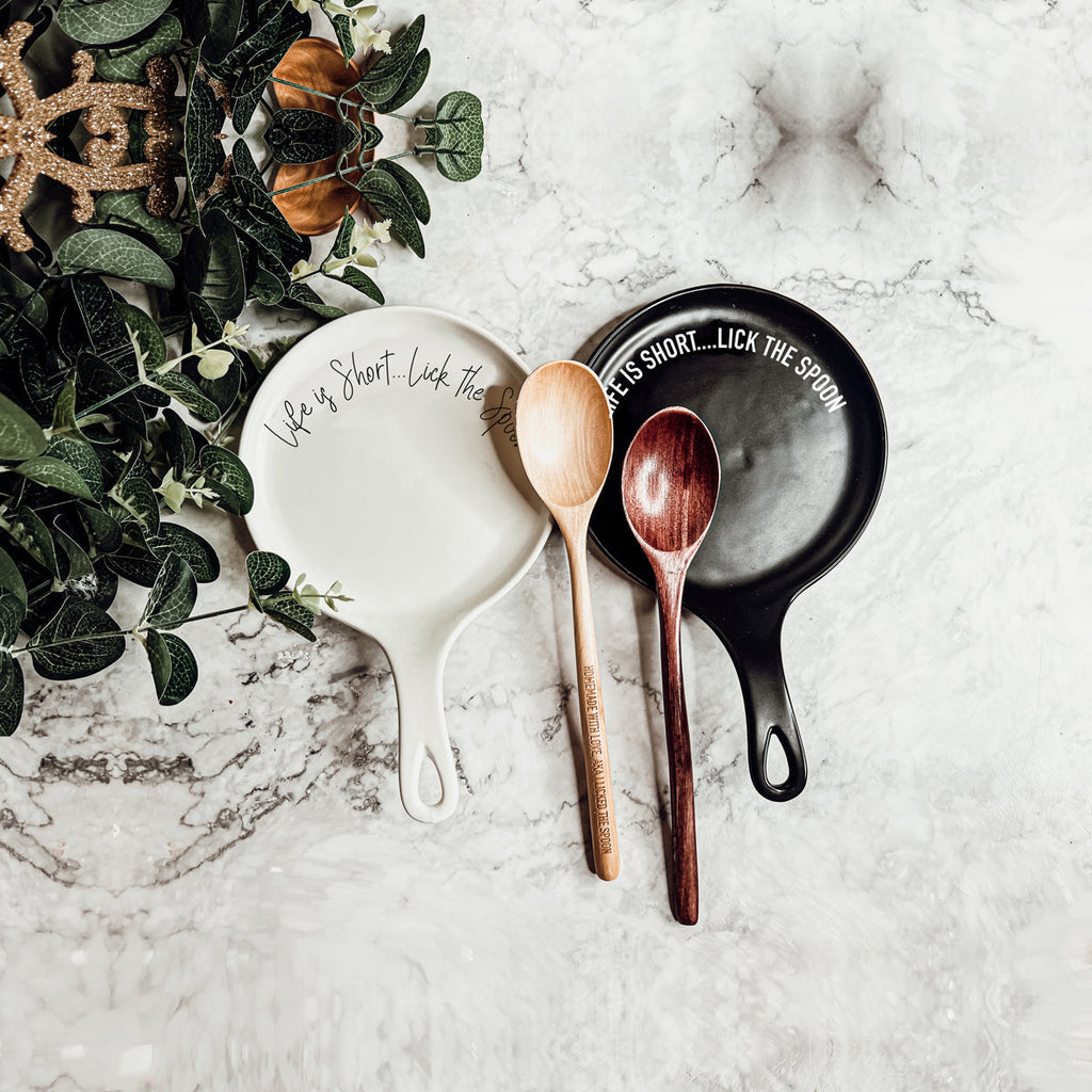 Bold "Life is Short...Lick the Spoon" Spoon Rest & Wooden Spoon — Select Your Color & Spoon