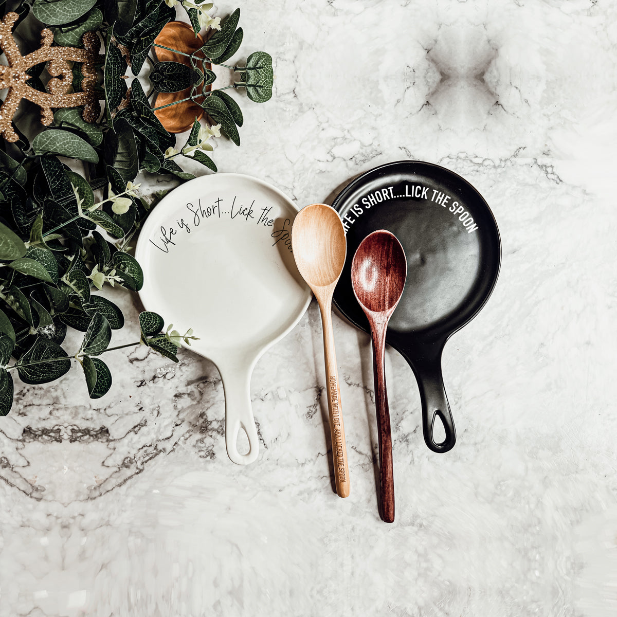 Bold "Life is Short...Lick the Spoon" Spoon Rest & Wooden Spoon — Select Your Color & Spoon
