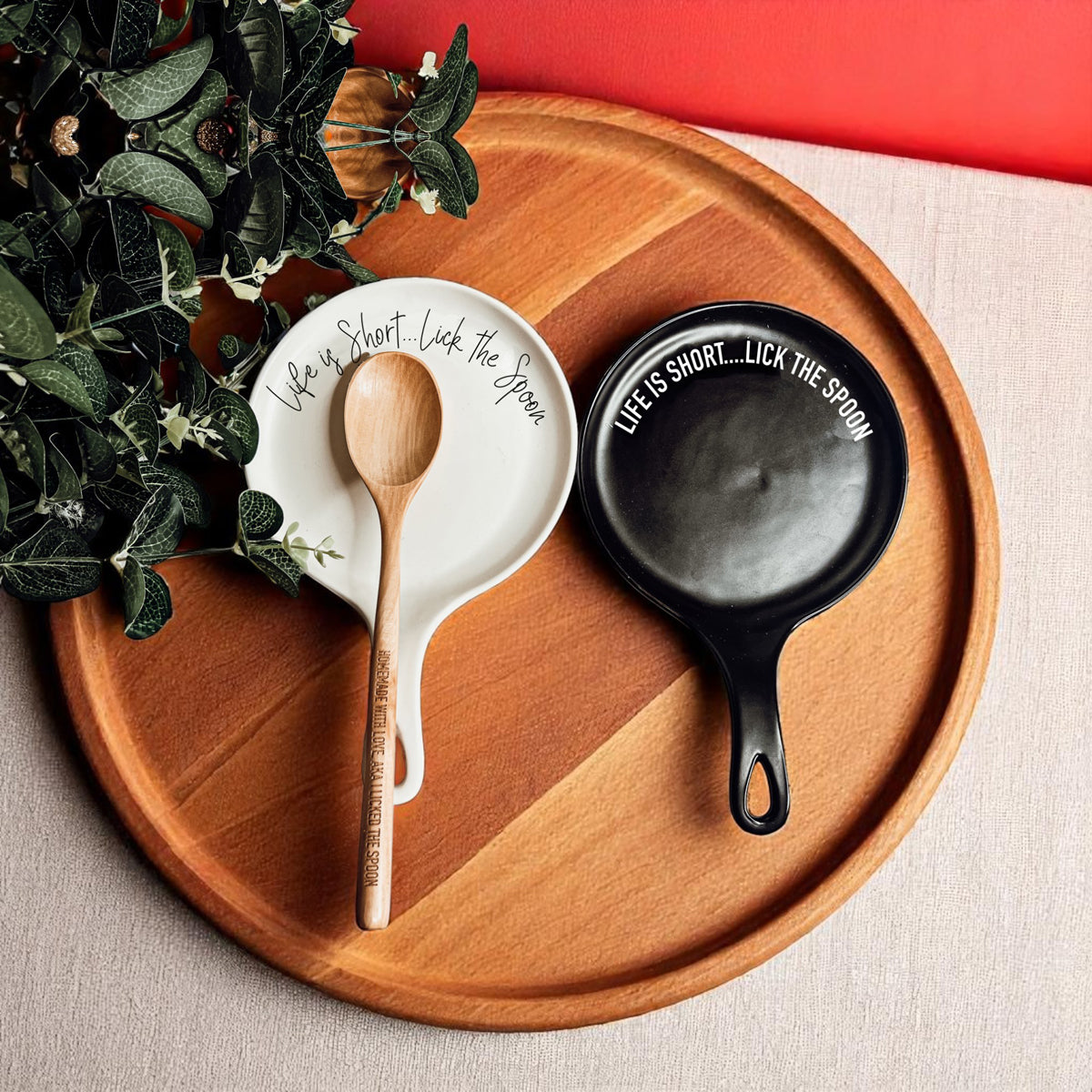 Bold "Life is Short...Lick the Spoon" Spoon Rest & Wooden Spoon — Select Your Color & Spoon
