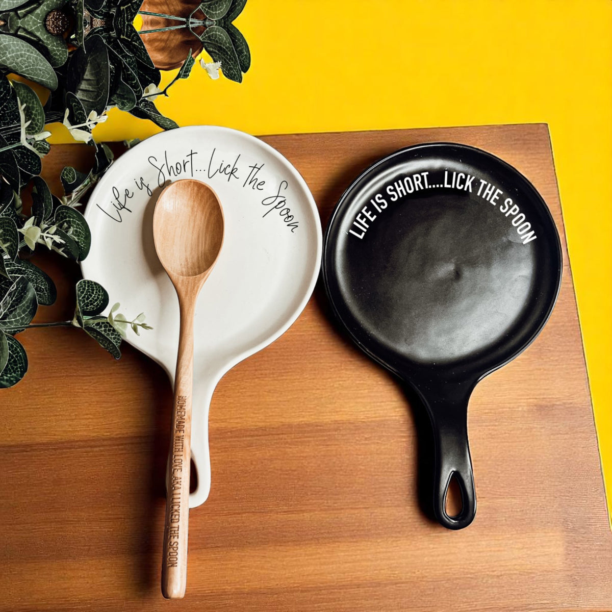 Bold "Life is Short...Lick the Spoon" Spoon Rest & Wooden Spoon — Select Your Color & Spoon