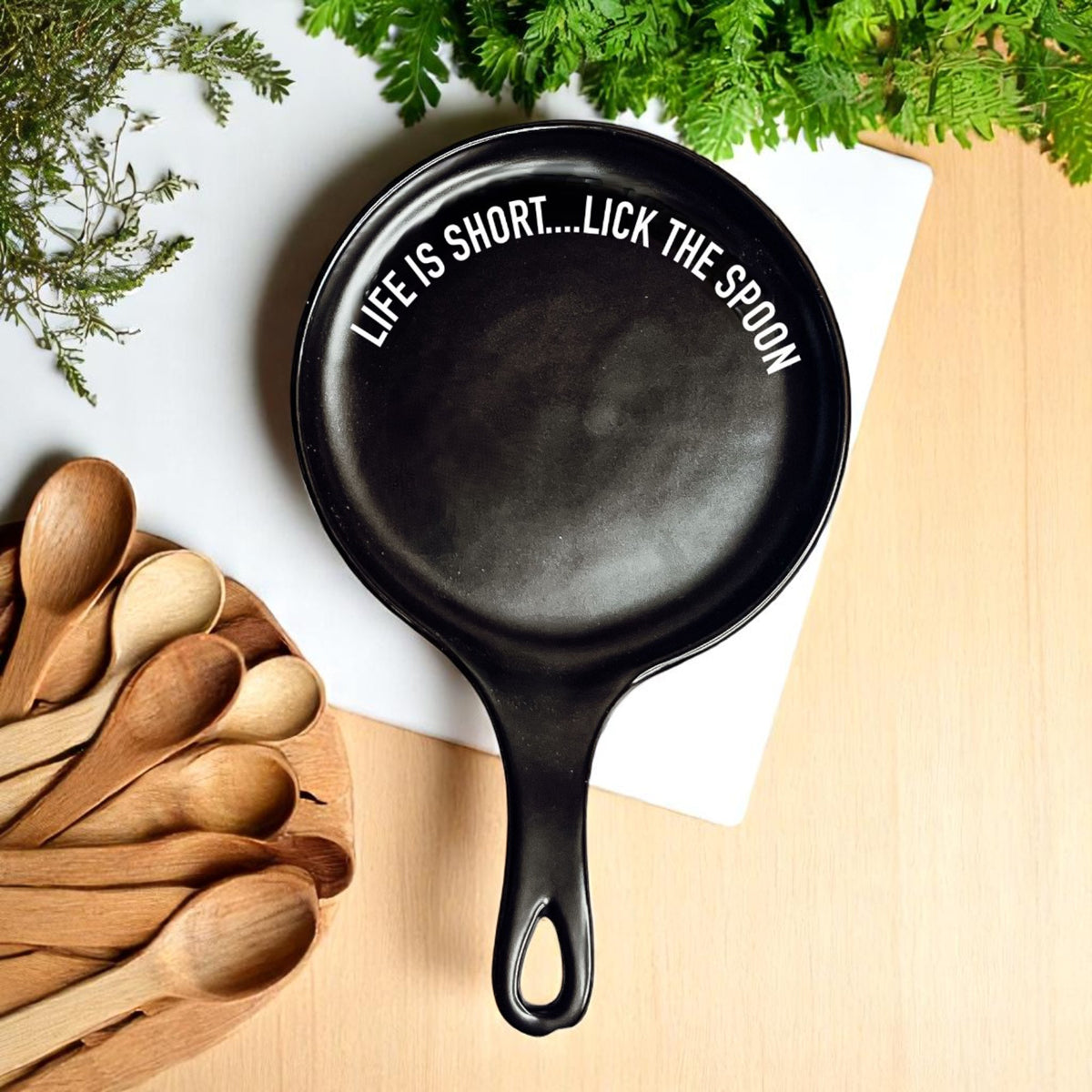 Bold "Life is Short...Lick the Spoon" Spoon Rest & Wooden Spoon — Select Your Color & Spoon