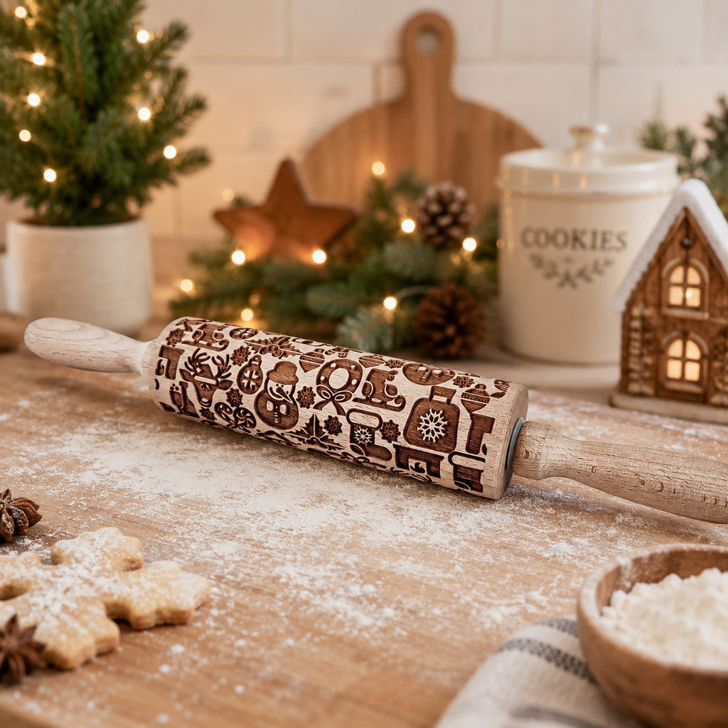 Handmade Wooden Embossed Christmas Rolling Pin Set — Select Your Style & Size