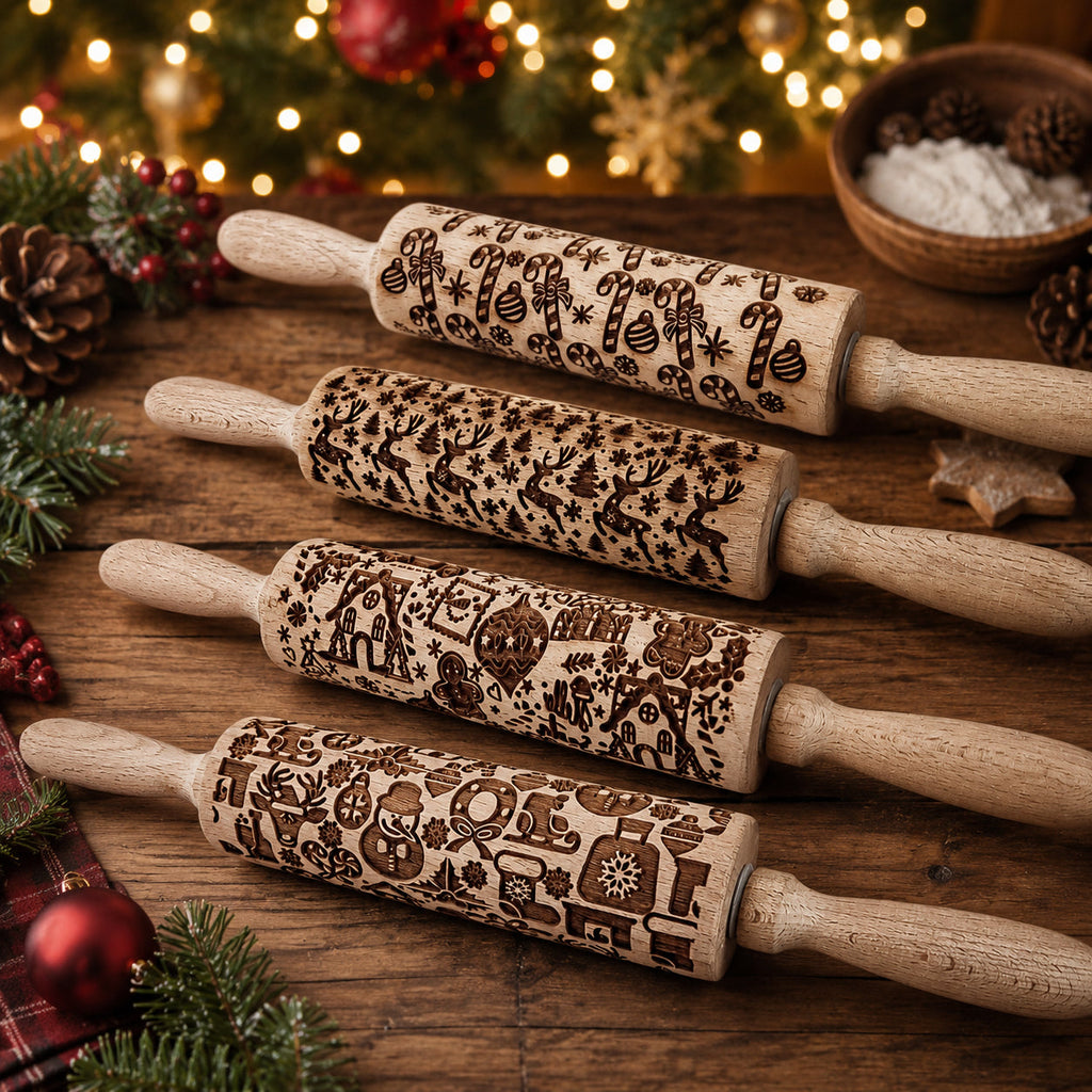 Handmade Wooden Embossed Christmas Rolling Pin Set — Select Your Style & Size