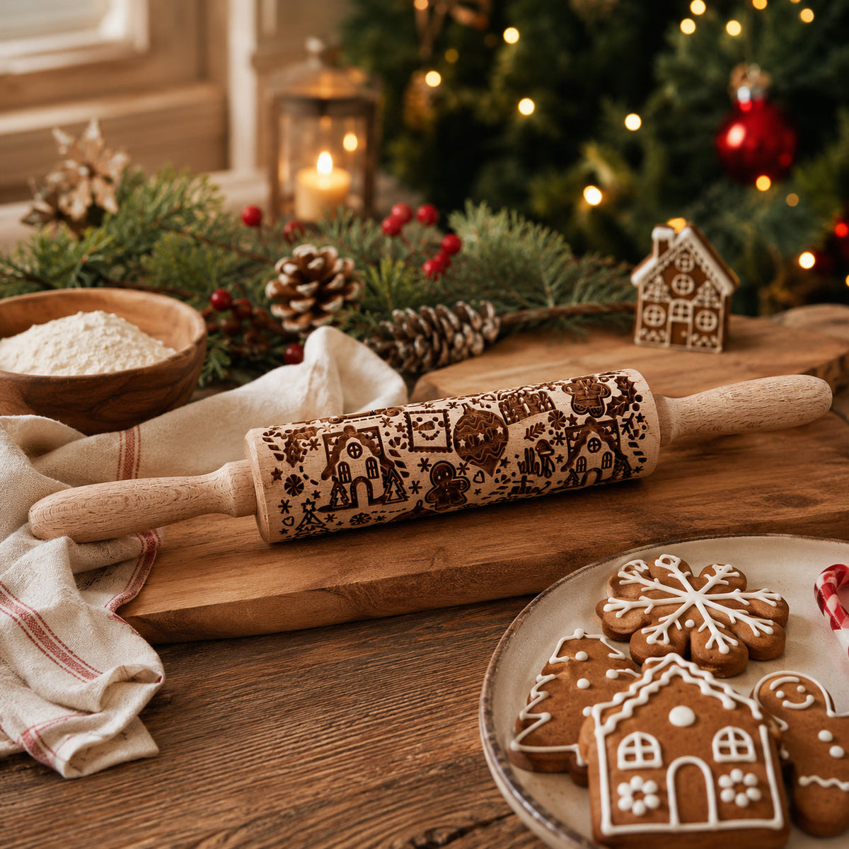 Handmade Wooden Embossed Christmas Rolling Pin Set — Select Your Style & Size