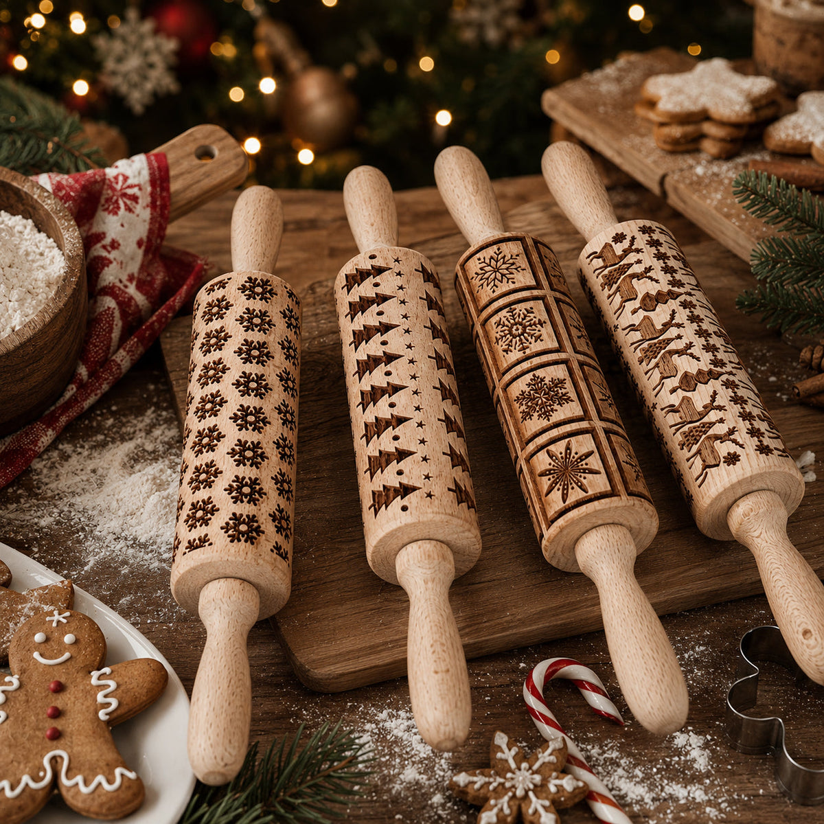 Handmade Wooden Embossed Christmas Rolling Pin Set — Select Your Style & Size