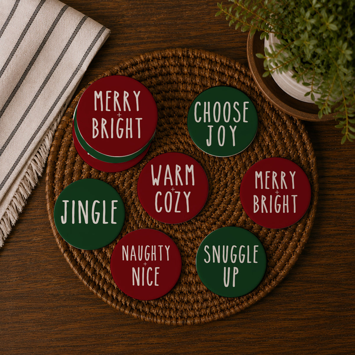 Minimalist Christmas Premium Ceramic Coasters with Cork Back — Select Your Pack & Color