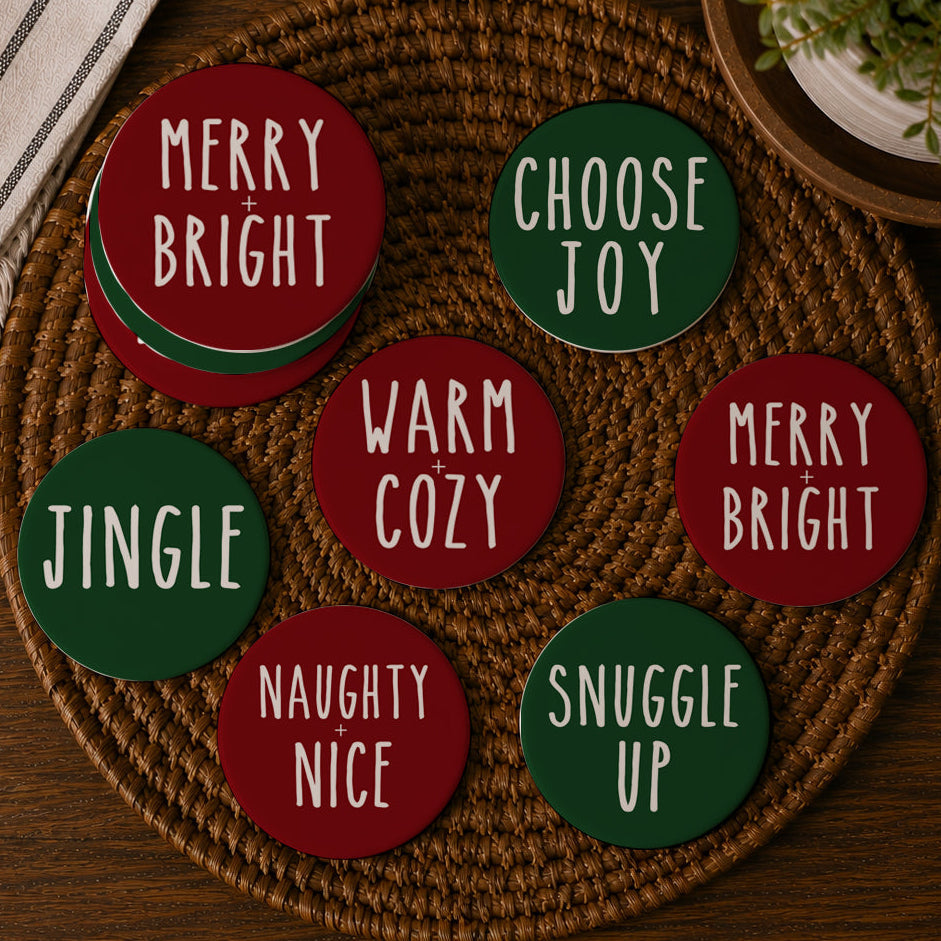 Minimalist Christmas Premium Ceramic Coasters with Cork Back — Select Your Pack & Color