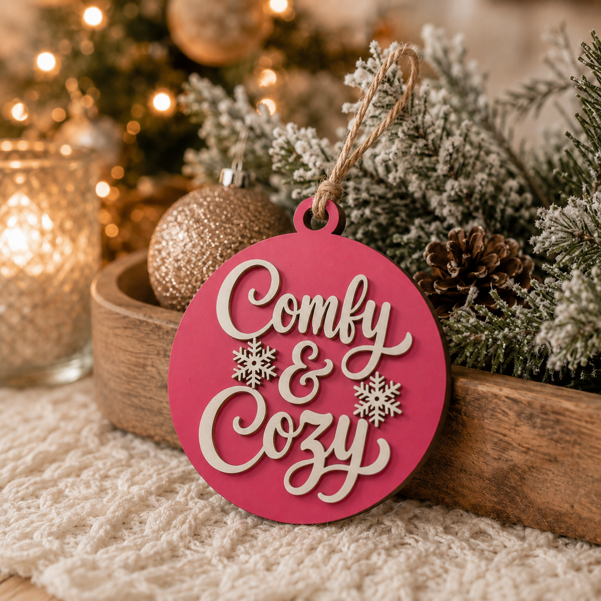 Wooden "Comfy & Cozy" Christmas Ornament — Select Your Color
