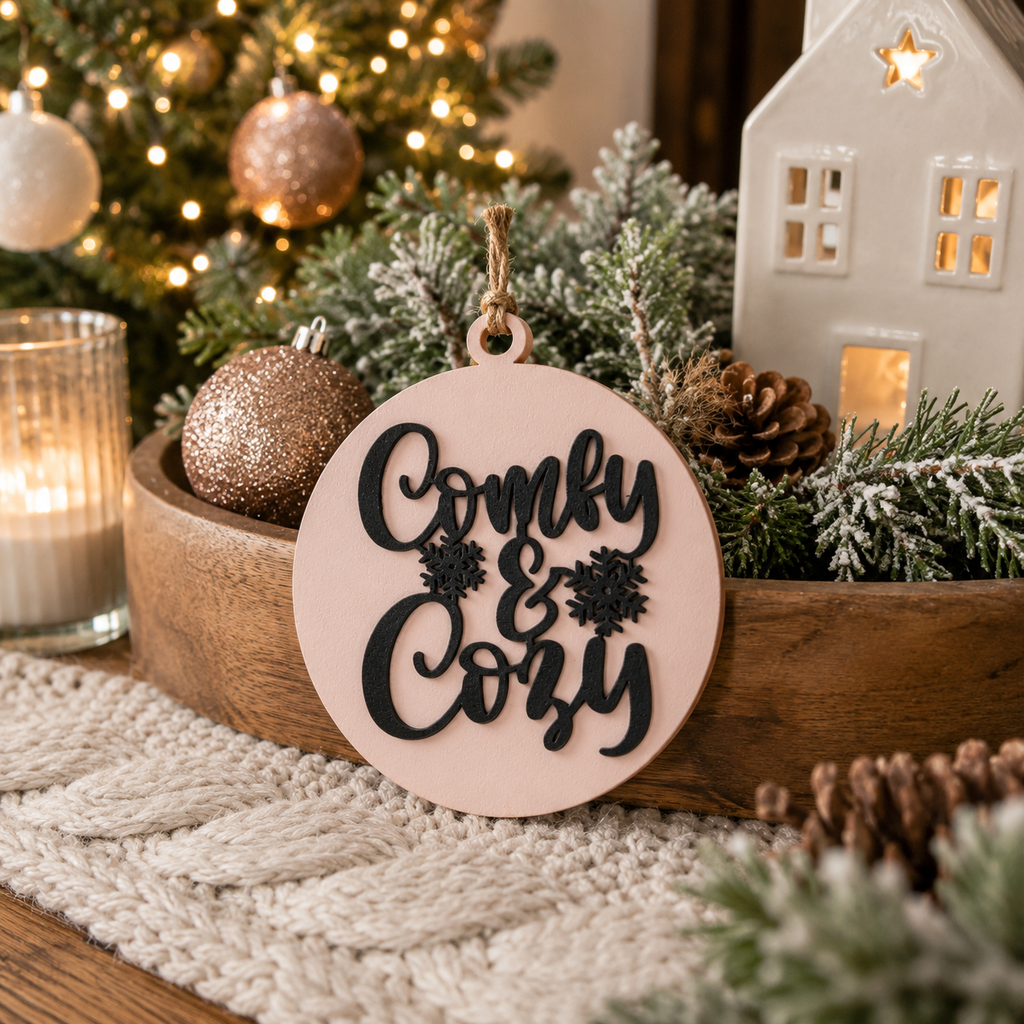 Wooden "Comfy & Cozy" Christmas Ornament — Select Your Color