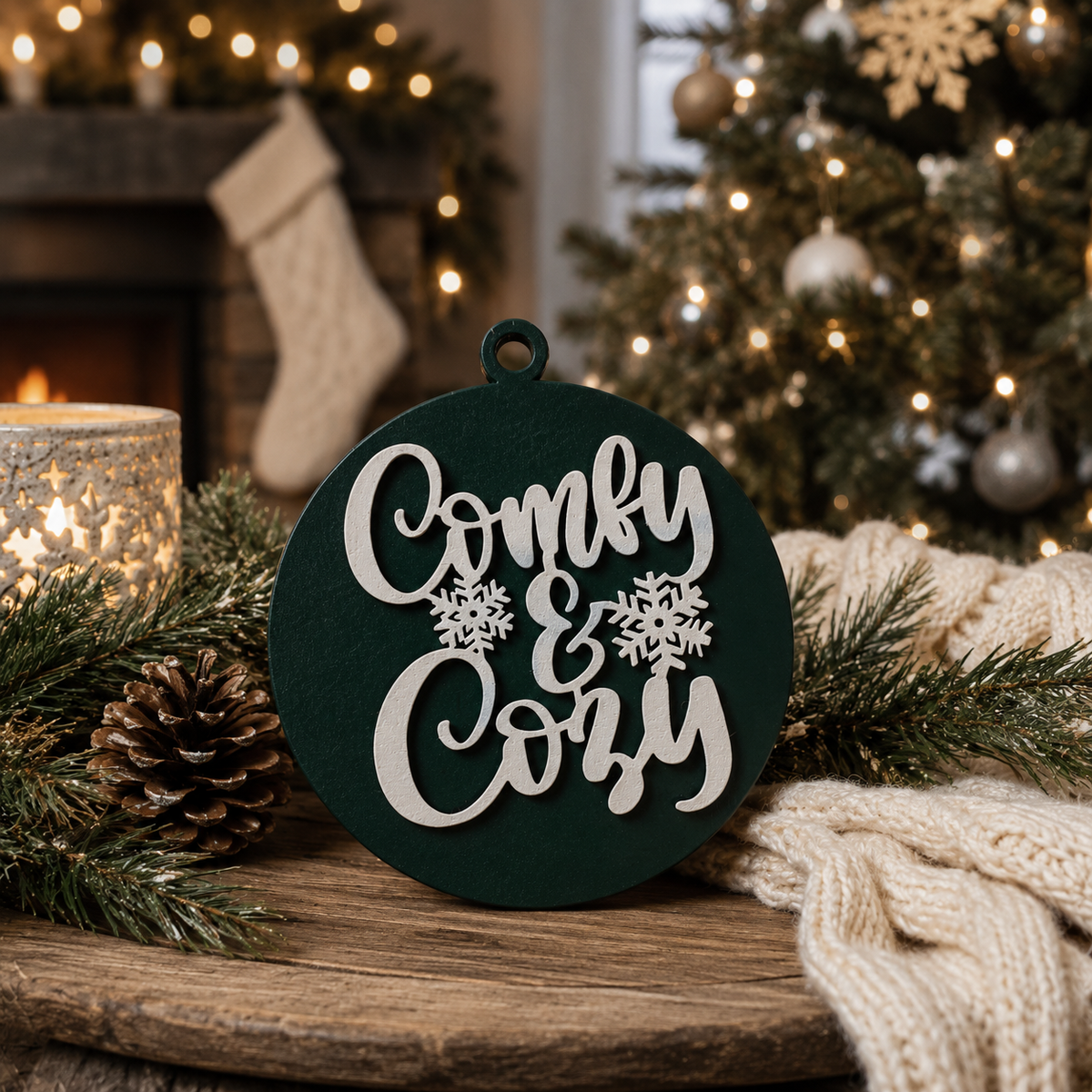 Wooden "Comfy & Cozy" Christmas Ornament — Select Your Color