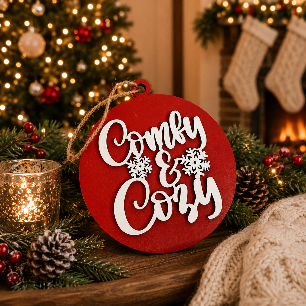 Wooden "Comfy & Cozy" Christmas Ornament — Select Your Color