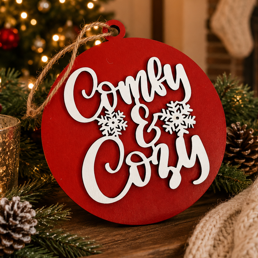 Wooden "Comfy & Cozy" Christmas Ornament — Select Your Color