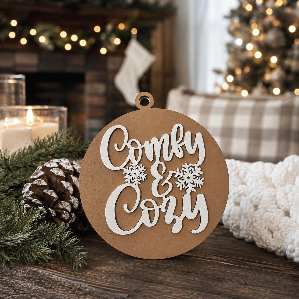 Wooden "Comfy & Cozy" Christmas Ornament — Select Your Color
