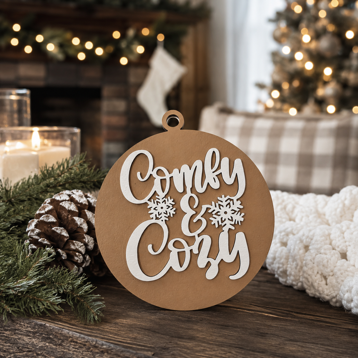 Wooden "Comfy & Cozy" Christmas Ornament — Select Your Color