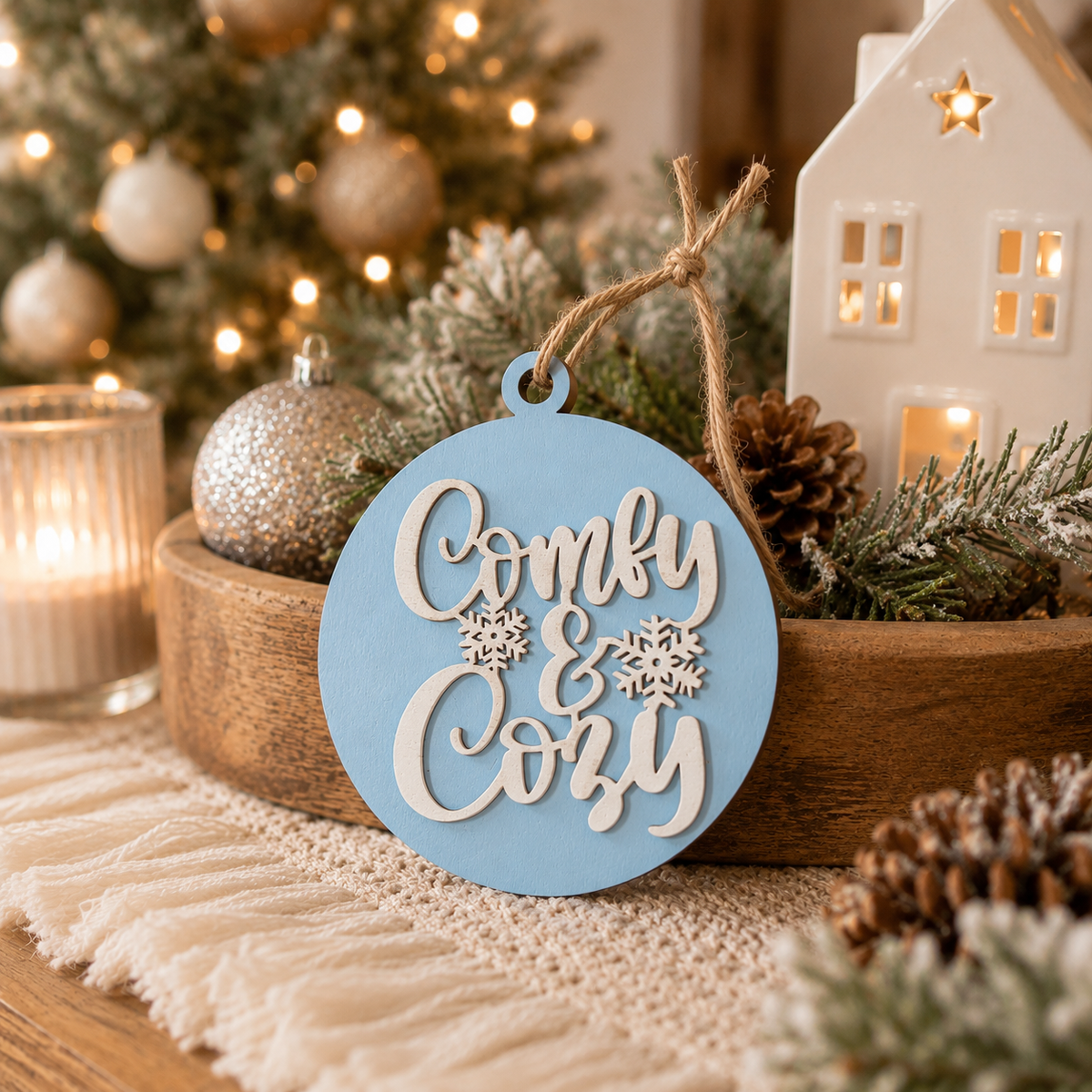 Wooden "Comfy & Cozy" Christmas Ornament — Select Your Color