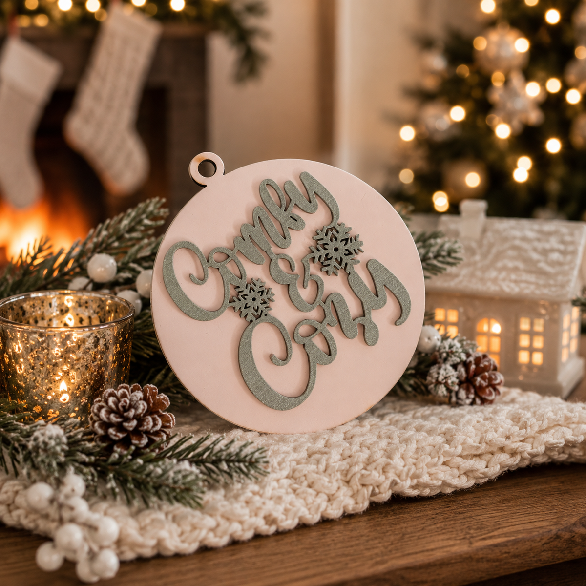 Wooden "Comfy & Cozy" Christmas Ornament — Select Your Color