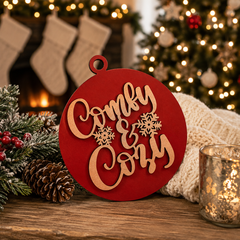 Wooden "Comfy & Cozy" Christmas Ornament — Select Your Color