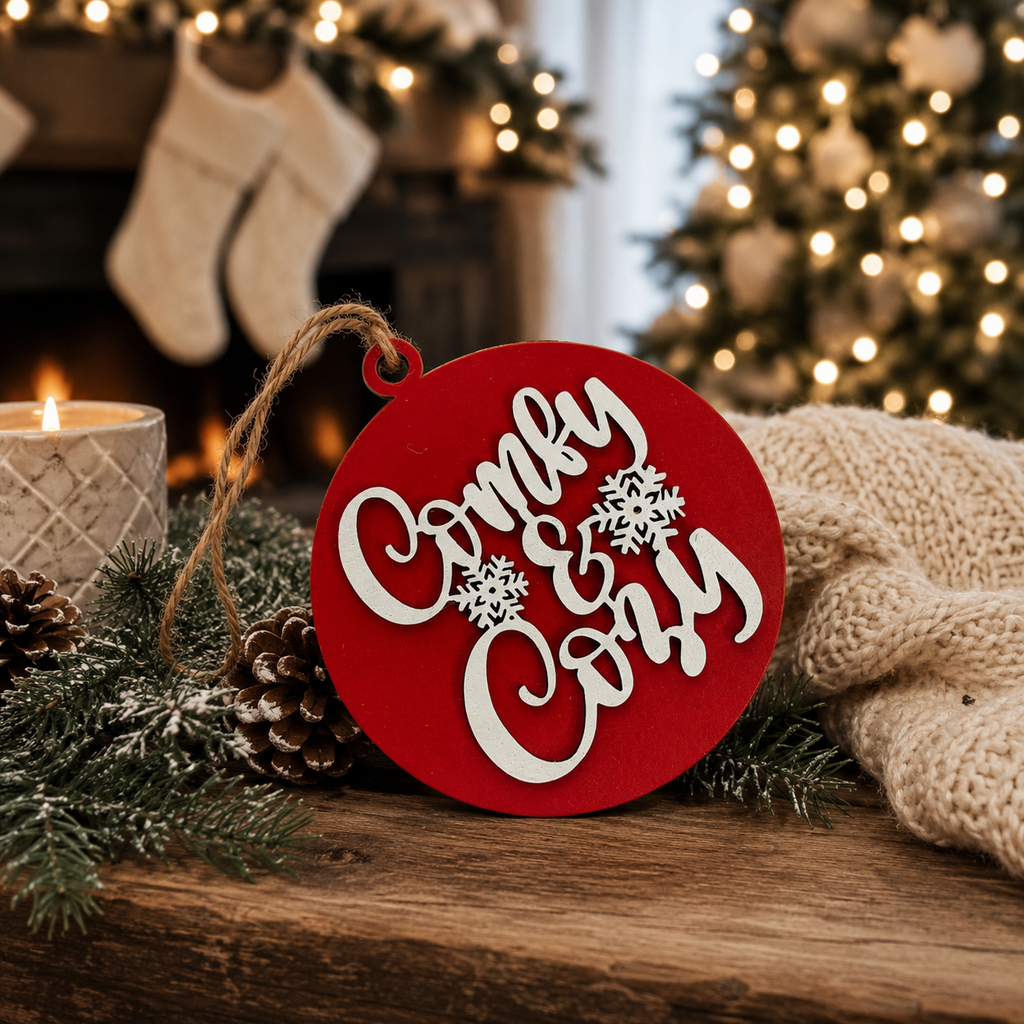 Wooden "Comfy & Cozy" Christmas Ornament — Select Your Color