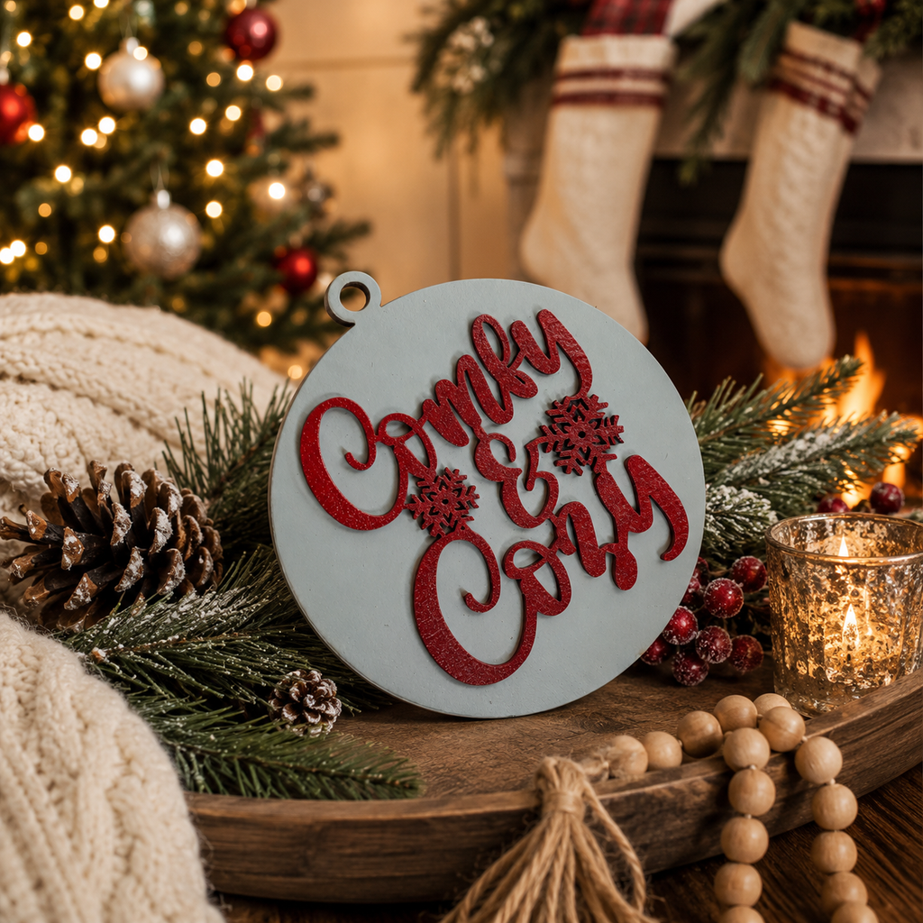 Wooden "Comfy & Cozy" Christmas Ornament — Select Your Color